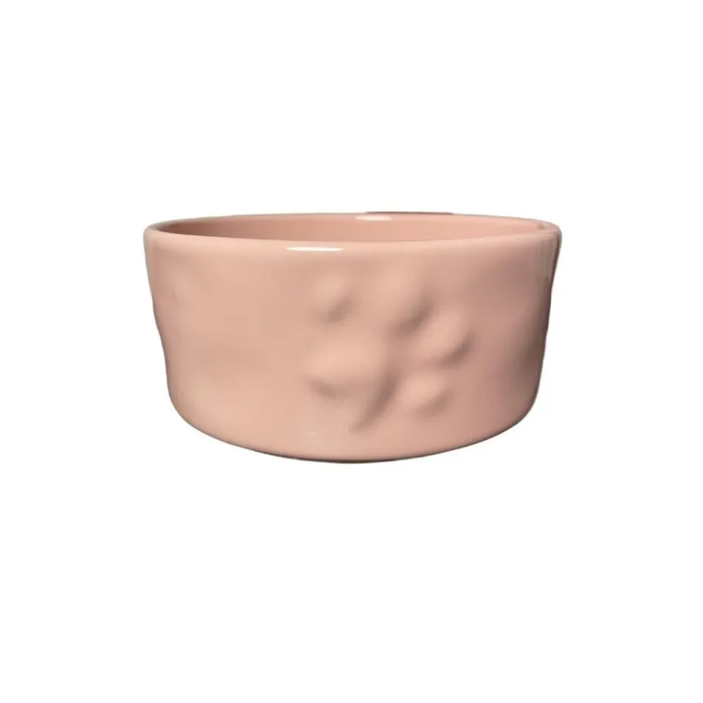 Blush Pink Glazed Ceramic Dog Bowl with Embossed Paw Print Designs